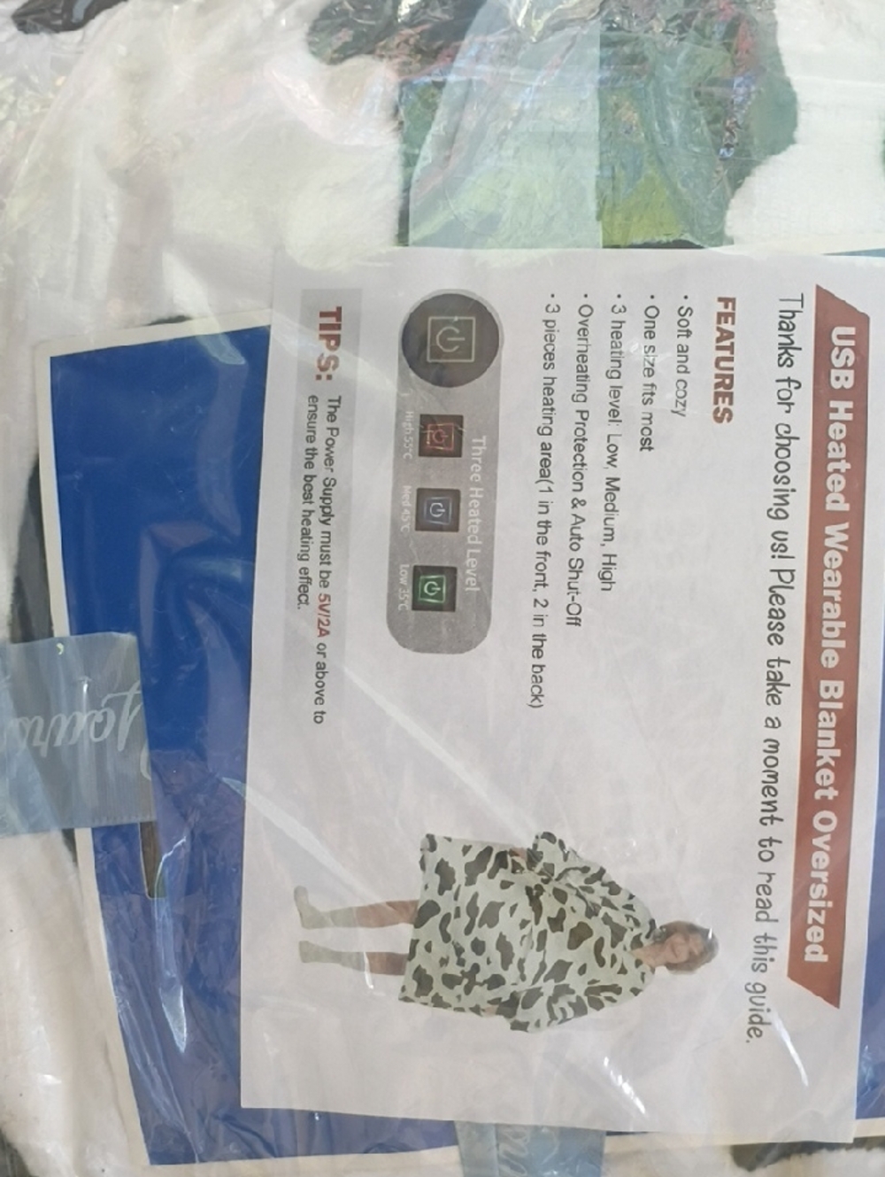 USB Heated Wearable Blanket Oversized - White and Black